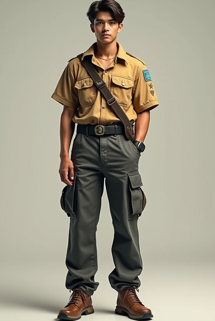A 20-year-old man with a height of 172 centimeters and a weight of 70 kilograms, wearing a double-pocket shirt on the chest, a semi-croptop scout suit with dark gray chargo pants