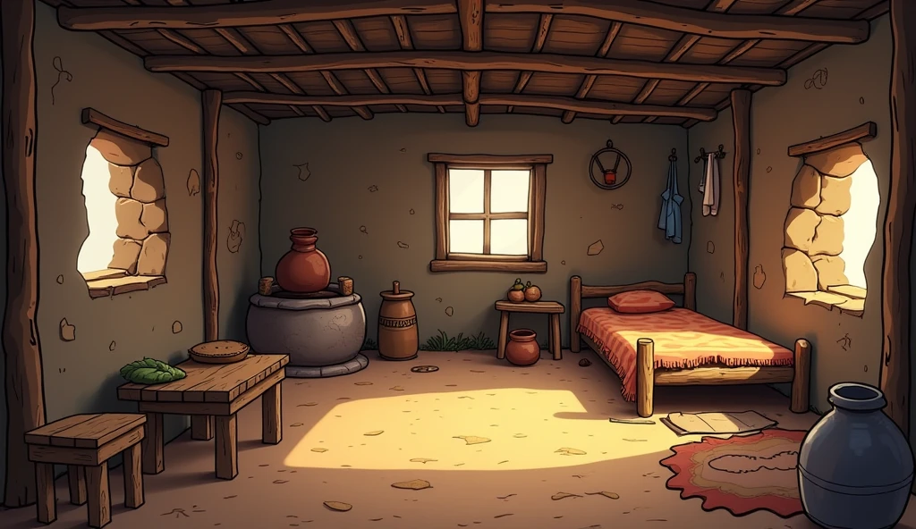 Create a cartoon-style interior scene of a small, poor hut. The walls should be made of rough, uneven wooden planks or mud, with some cracks and patches showing wear. The floor is dirt or uneven stone, with a few simple mats or rugs placed around. In one corner, place a small, makeshift kitchen area with a clay stove and a few basic utensils. The furniture is minimal-just a couple of wooden stools, a low table, and a simple bed made from a wooden frame with a tattered blanket. Add some personal items like a few old pots, baskets, and hanging clothes to give it a lived-in feel. The lighting is dim, with sunlight streaming in through small gaps in the walls or a single open window. The overall color scheme should be muted and earthy, emphasizing the simplicity and poverty of the setting."