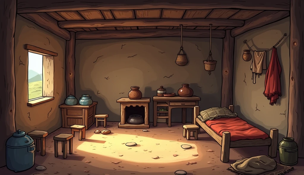 Create a cartoon-style interior scene of a small, poor hut. The walls should be made of rough, uneven wooden planks or mud, with some cracks and patches showing wear. The floor is dirt or uneven stone, with a few simple mats or rugs placed around. In one corner, place a small, makeshift kitchen area with a clay stove and a few basic utensils. The furniture is minimal-just a couple of wooden stools, a low table, and a simple bed made from a wooden frame with a tattered blanket. Add some personal items like a few old pots, baskets, and hanging clothes to give it a lived-in feel. The lighting is dim, with sunlight streaming in through small gaps in the walls or a single open window. The overall color scheme should be muted and earthy, emphasizing the simplicity and poverty of the setting."