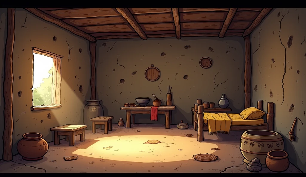 Create a cartoon-style interior scene of a small, poor hut. The walls should be made of rough, uneven wooden planks or mud, with some cracks and patches showing wear. The floor is dirt or uneven stone, with a few simple mats or rugs placed around. In one corner, place a small, makeshift kitchen area with a clay stove and a few basic utensils. The furniture is minimal-just a couple of wooden stools, a low table, and a simple bed made from a wooden frame with a tattered blanket. Add some personal items like a few old pots, baskets, and hanging clothes to give it a lived-in feel. The lighting is dim, with sunlight streaming in through small gaps in the walls or a single open window. The overall color scheme should be muted and earthy, emphasizing the simplicity and poverty of the setting."
