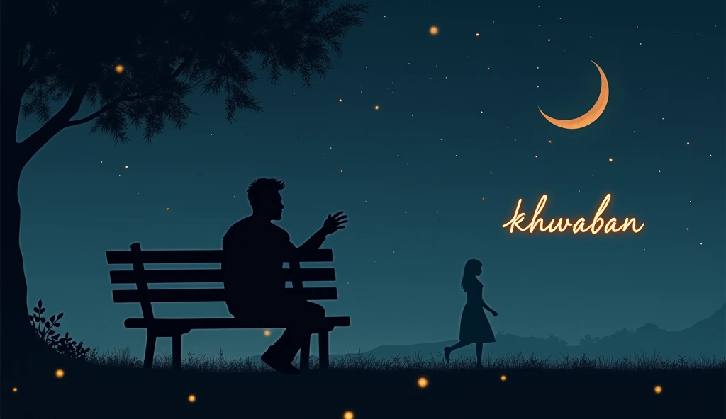 Here's a detailed prompt for creating a thumbnail that visually captures the essence of your song:
**Thumbnail Prompt:**
"Design a thumbnail with a moody, romantic atmosphere that reflects deep emotions and longing. The background should feature a calm, starry night sky with a crescent moon, symbolizing the 'raatan' (nights) mentioned in the lyrics. In the foreground, show a silhouette of a man sitting alone on a bench, looking up at the sky, with his hand reaching out as if trying to grasp something intangible. Surround the silhouette with faint, glowing particles to represent memories and dreams ('khwaban') floating around him.
Include subtle elements like a distant, shadowy image of a woman, blending with the night, symbolizing the beloved who is always in his thoughts. The color palette should be dominated by deep blues, blacks, and hints of gold to evoke a sense of melancholy and romance.
In the bottom part of the thumbnail, include the song title in a stylish, cursive font with a soft glow effect. The text should be in white or a light gold shade, standing out against the dark background. The overall design should be evocative, emotional, and visually striking, pulling viewers into the mood of the song."
This thumbnail prompt should visually encapsulate the essence of your song's lyrics, making it appealing and emotionally resonant for the audience.