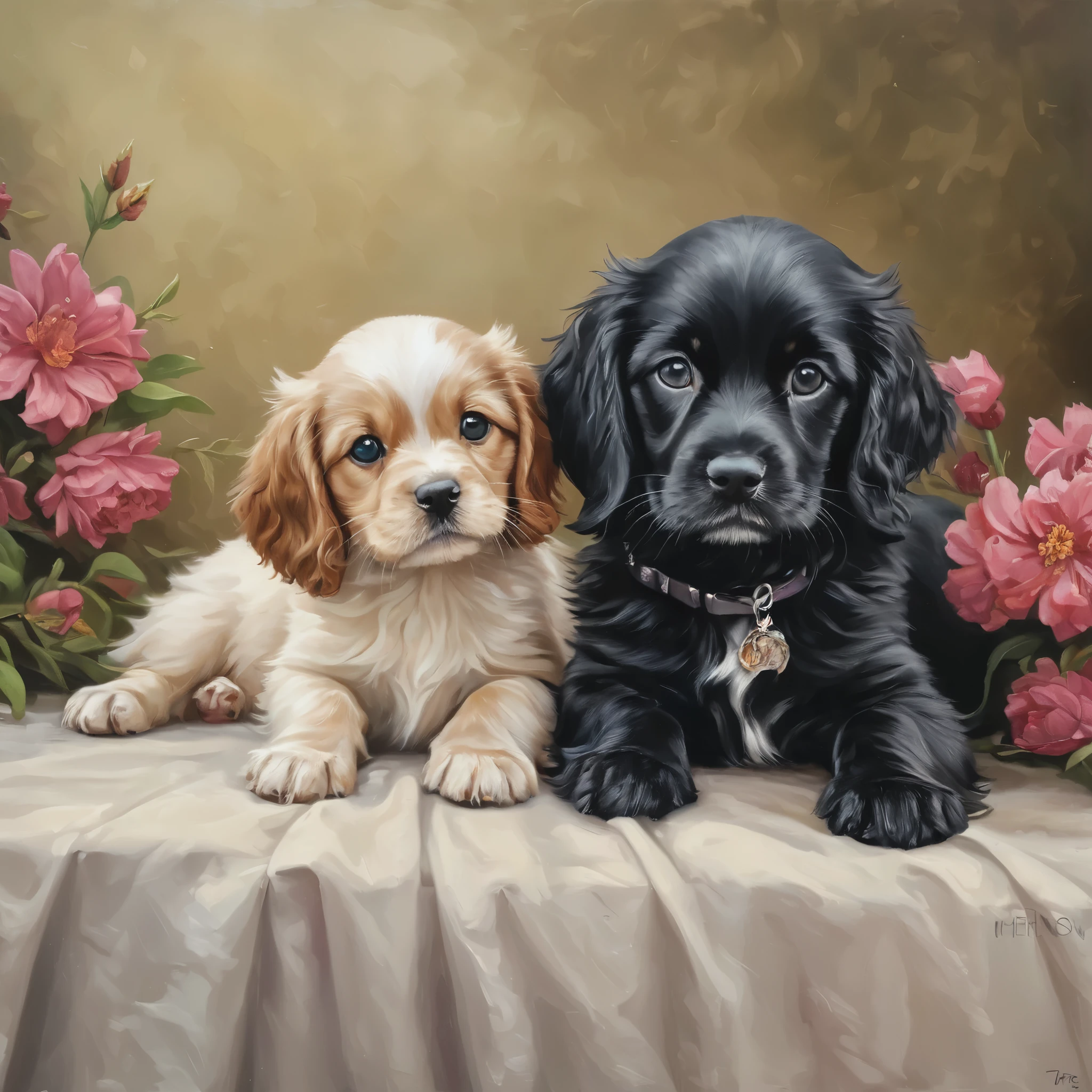 Alayna Lemmer style painting of a (1) kitten with a cocker spaniel friend with flower eyes Resting (professional painting, dynamic pose, dynamic compositions, dynamic lighting, realistic proportions, highy detailed, details Intricate, nffsw, ray tracing, ultra detali, hhighy detailed atmosphere, extreme detailed texture)