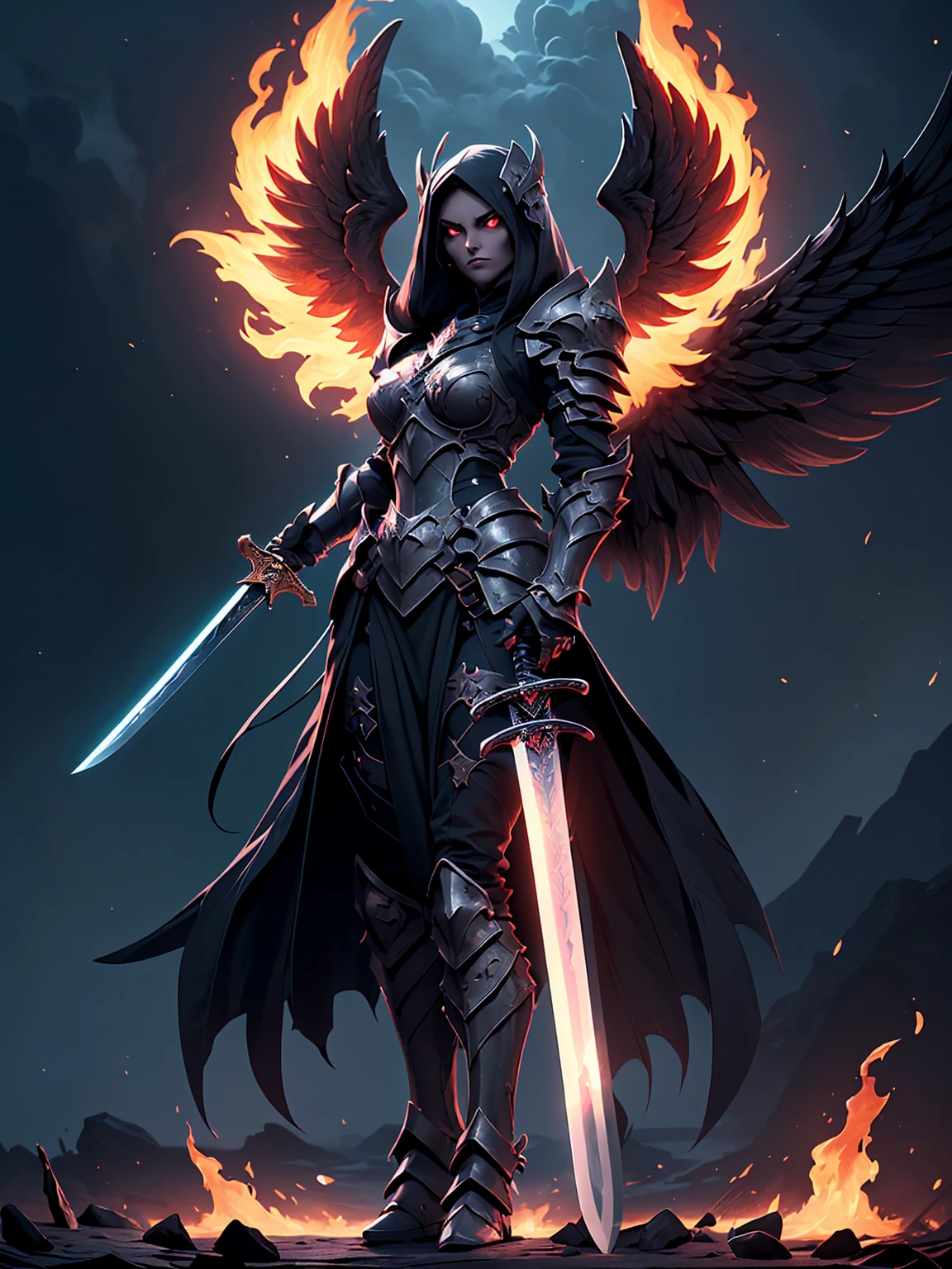 (((masterpiece, best quality, high detailed, 8k))) Design a layout showcase Gaming character, (1girl). Black+Crimson dark armor, stylish and unique, ((cursed sword:1.4)), ((six wings of shadow and fire)), glowing with a dark, ominous energy. (masterpiece:1.2), (best quality), 4k, ultra-detailed. (luminous lighting, atmospheric lighting). (celestial female warrior) Dark warrior with a celestial aura, glove full hands, (((revealing clothes:1.3))), vambraces, armored legwear, (((full_body_shot:1.4))). {In an infernal realm blending with a heavenly realm of floating islands}. (((extremely imposing presence, black flames mixed with divine light, super strong, incredibly beautiful with dark and celestial armor)))
