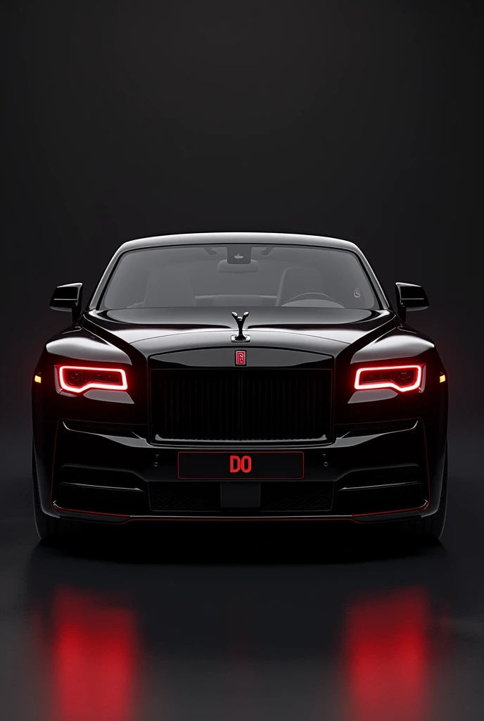 Create a high-resolution image of a Rolls-Royce car with a predominantly black exterior and striking red accents. The car should be depicted front-facing, with the Rolls-Royce "RR" logo replaced by a "DD" logo in the same elegant font style. The background should be darker, complementing the car's color scheme, to enhance the luxurious and dramatic ambiance.