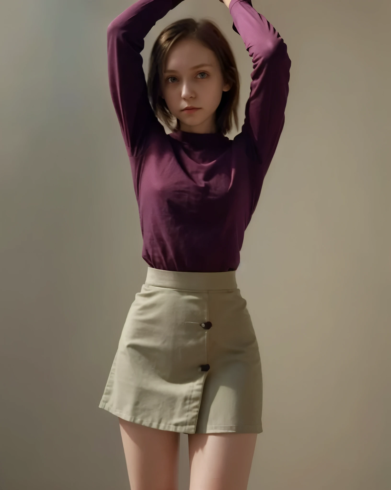 skinny short girl, random colored tucked shirt, skirt, long sleeves, hands up, eyes on viewer