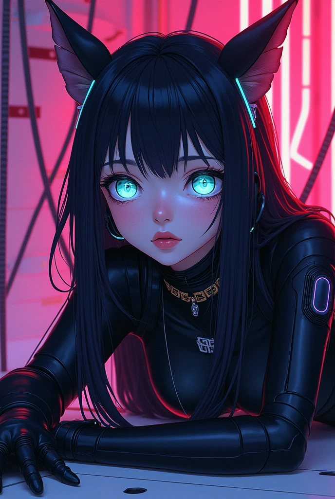 1girl, (solo), best quality, intricate details, sci-fi, (biopunk), (green whites of eyes, blue iris, compound eyes, narrow pupils, bright pupils, wide eyes, radioactive), parted mouth, nose , lips, ((wire, segmented tube, machines)), neon, purple, red, (black furry),Anime Lineart,furry female, animal ear fluff, cyborg, black furr, lies on the stomach

