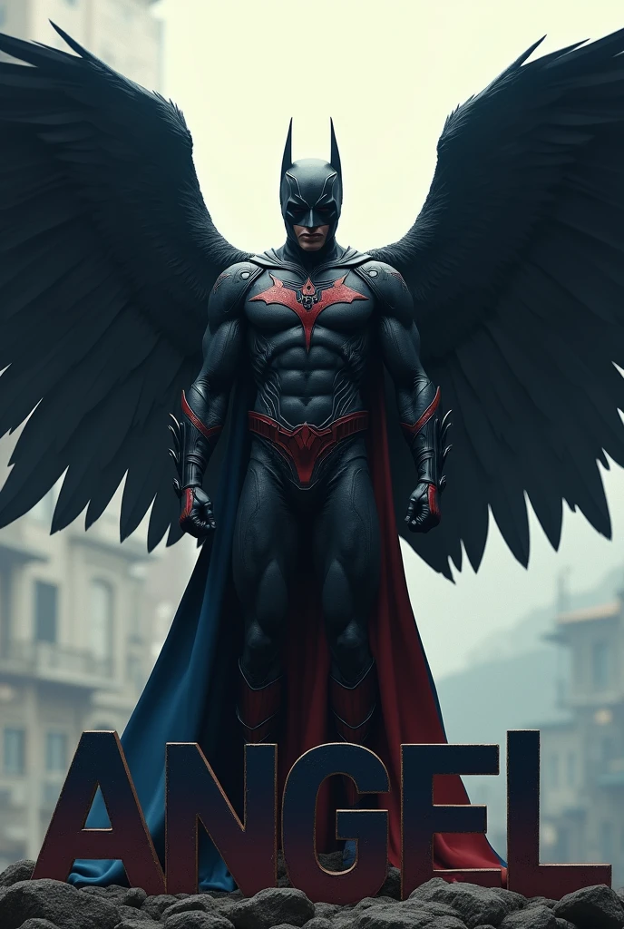 Create a powerful image of a Haitian superhero named Angel, with imposing black wings. He stands proudly, his wings spread behind, symbolisant à la fois la protection et la force intérieure. His costume is dark and elegant., avec des touches de bleu et de rouge rappelant les couleurs haïtiennes, but with a dominant black color to accentuate its mysterious and determined side. Background, un paysage urbain ou montagneux haïtien, lightly shaded, où le nom 'Angel' est écrit en grand, dans une typographie audacieuse et stylisée, blending into the environment as an indelible mark of his fight for justice and freedom."