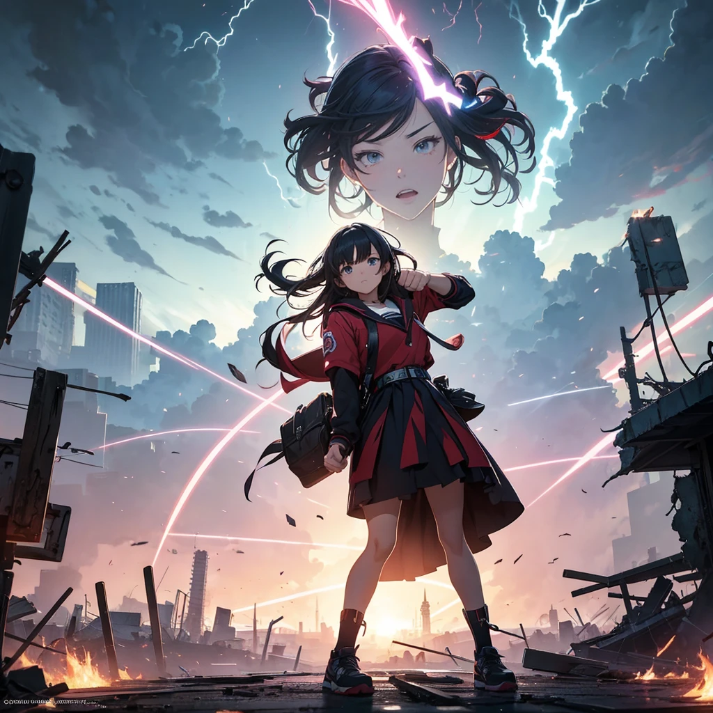 masterpiece、Bold, anime-style illustration、Dense painting、Humorous and crazy。1 high school girl、Cinematic lighting、Clench your fists、A high school girl awakens and stands up strong、Lightning strikes her、The background is a ruined city in the near future.。