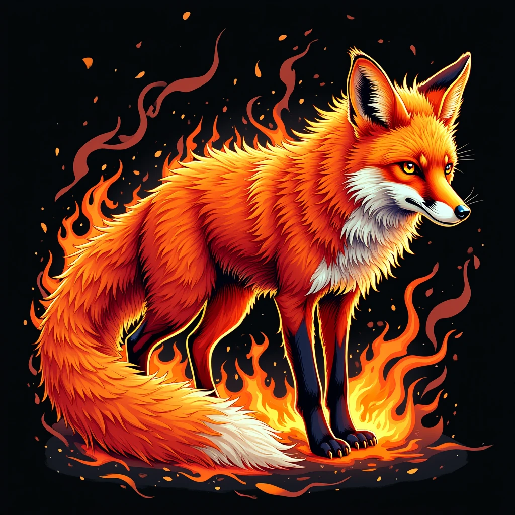 Vector of a highly detailed INK RED flaming FOX
