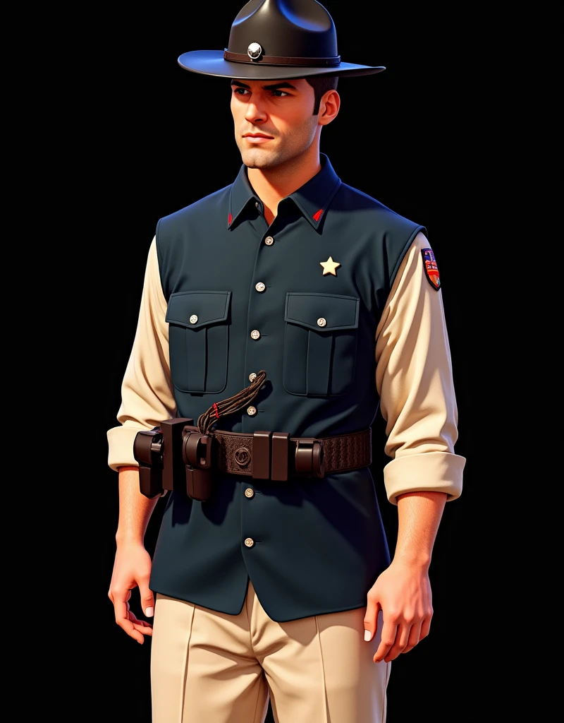 I need a picture of a park ranger with a belt that is a bomb around his stomach and some scared people next to him in the style of GTA
