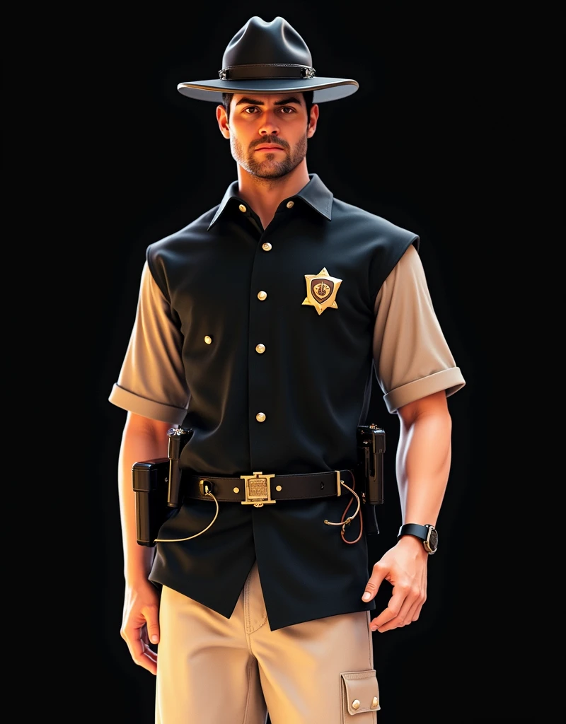I need a picture of a park ranger with a belt that is a bomb around his stomach and some scared people next to him in the style of GTA