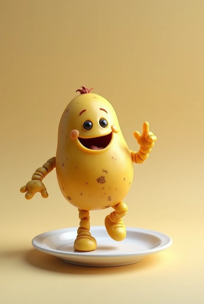 A potato doll on a plate jumping and talking come for snacks