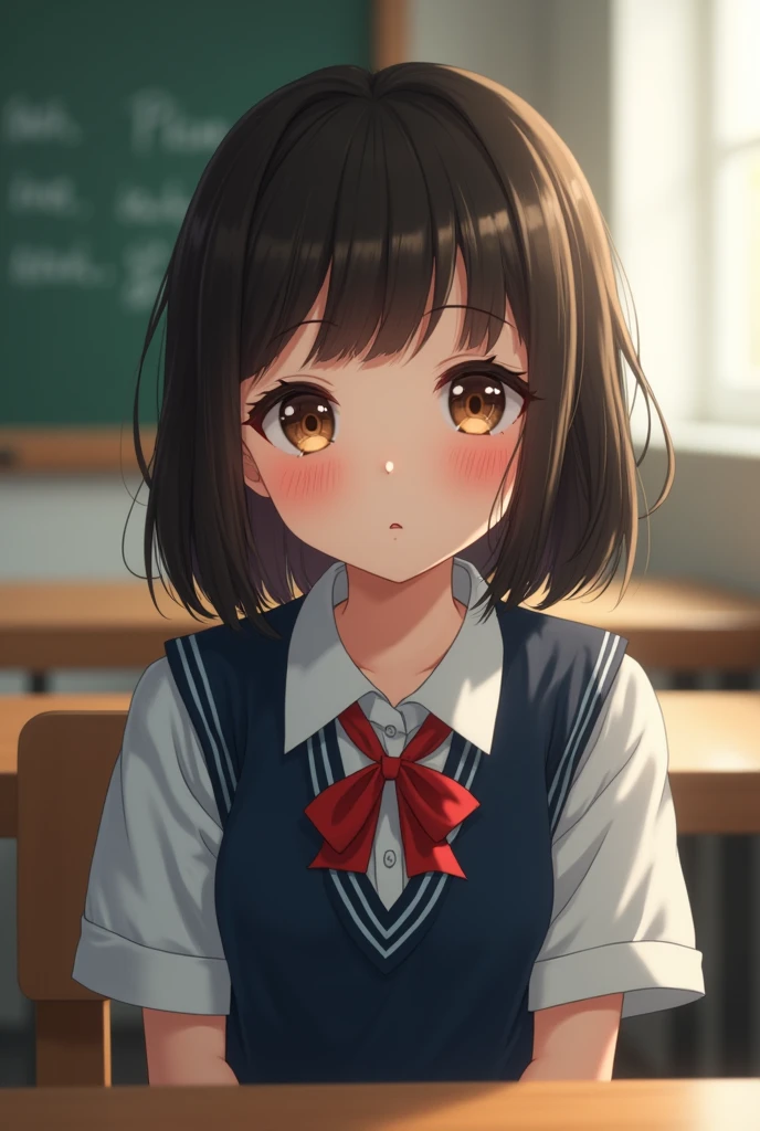 best quality, face focus, soft light, ultra high res, (photorealistic:1.4), RAW photo, 1japanese girl, solo, cute, (shy smile:0.5), (brown eyes, lights in the eyes), detailed beautiful face, (small chest),(high resolution detail of human skin texture), (short bob hair), BREAK, in classroom,navy school uniform, vest, skirt