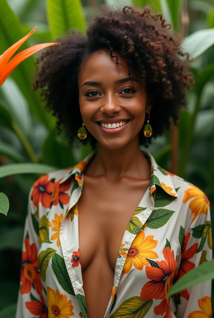 A Brazilian woman in a lush tropical garden, wearing an open shirt with a floral print, with a close-up capturing the harmonious beauty between her breasts and the natural flowers, showing off your natural charm and outgoing personality.