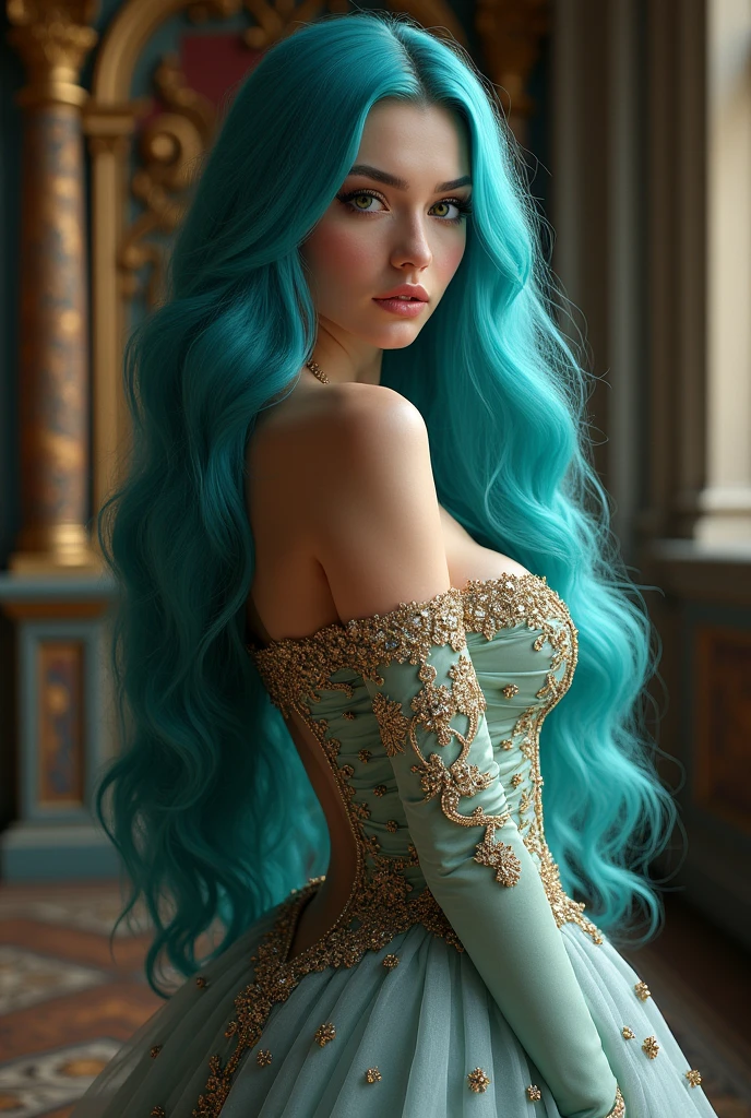 a beautiful noblewoman with aquamarine hair, In a castle ,very big breasts, detailed dress, Intricately detailed portrait, striking facial features, PENETRATING EYES, long loose hair, elegant pose, luxurious dress, dramatic lighting, photorealistic, vibrant colors, cinematographic composition, incredibly detailed, Award-winning digital art ,cinematic lighting ,dramatic composition ,Muted colors ,chiaroscuro lighting, moody atmosphere, Fine Art Painting ,detailed face ,Very detailed, masterpiece:2, Best Quality:1.5, 8k:2 ,4k ,2k