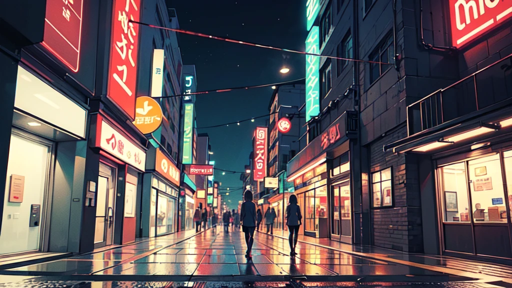 Create a digital illustration in the style of 90s anime art. The character should resemble a young woman with long blonde hair, yellow eyes, and red horns, wearing a white shirt and black tie. She should be standing in a neon-lit city street at night, with vibrant signs and glowing lights reflecting off the wet pavement. The background should capture the essence of a bustling urban environment, with a mix of modern and retro elements, all rendered in the distinct, detailed, and slightly grainy style typical of 90s anime.