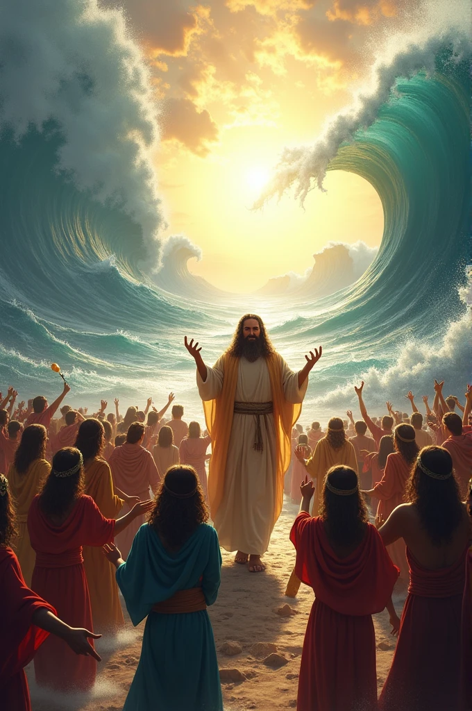 happy moses, passing through the open sea, with a crowd of Jews ,singing and dancing with tambourines and harps 