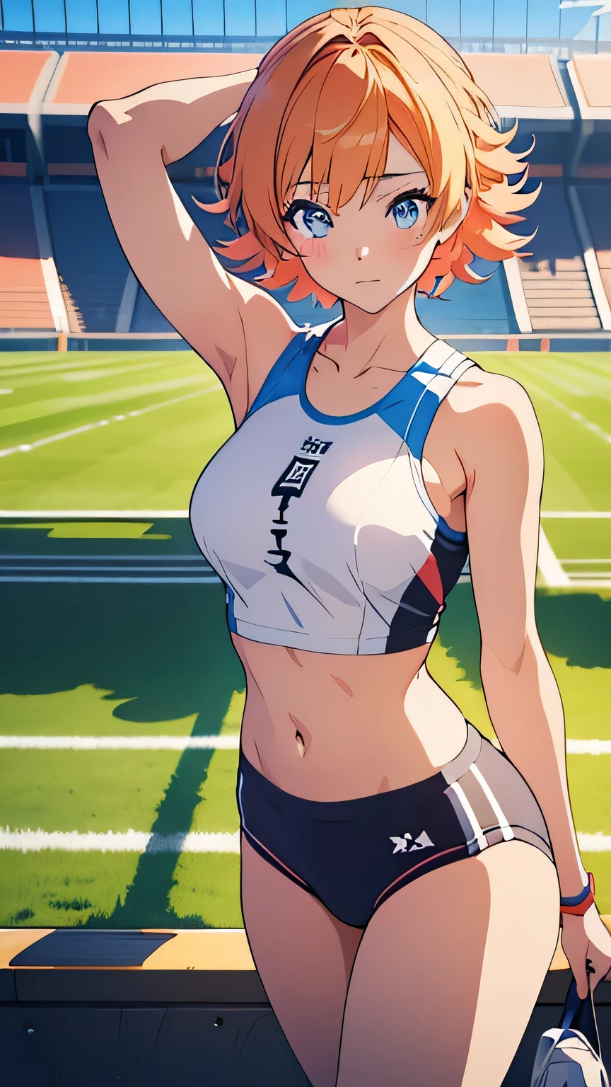 Anime girl in separate athletic wear posing in stadium with spectators, Enchanting anime girl, detailed Digital anime art, Best anime 4k konachan wallpaper, Smooth anime CG art, [ 4k yen digital art ]!!, I also make fan art, Digital anime art, Strongest Pose, Digital anime illustration, 4k anime wallpaper, Ilya Kuvshinov. 4k yen