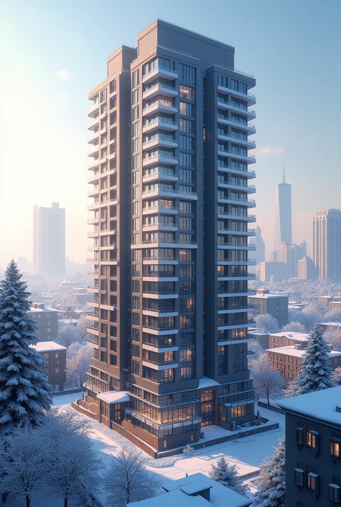 High apartment with snow but a litte sunny in the city