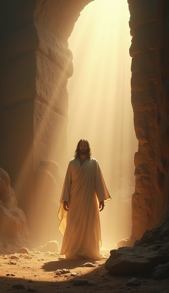 Jesus, resurrected in a glowing white robe, 1st-century, emerging from the tomb at dawn, with the stone rolled away, rays of sunlight piercing through the morning mist, wide-angle shot, hyper-realistic, photo realism, cinematography --ar 9:16