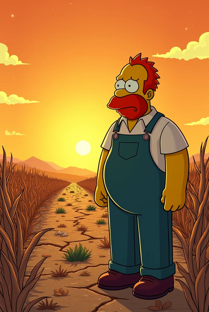 a simpsons style image of groundskeeper willi in the simpsons looking upset as he looks out over his farm that has dried up in the heat and everything has died