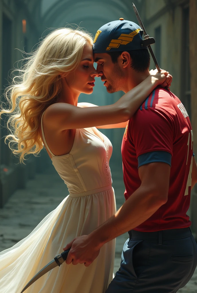 Super strong blond haired villainess in a white skintight costume wrapped with pink lace ribbons. Throat lifting a hero clad in a yellow and black costume being slowly choked to death. Lots of blood and bodies.