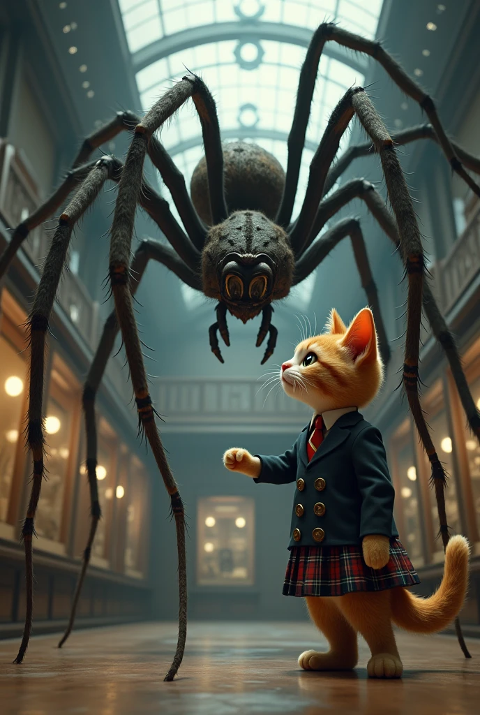 The cat in school uniform was standing in front of the spider in the museum and touching it
