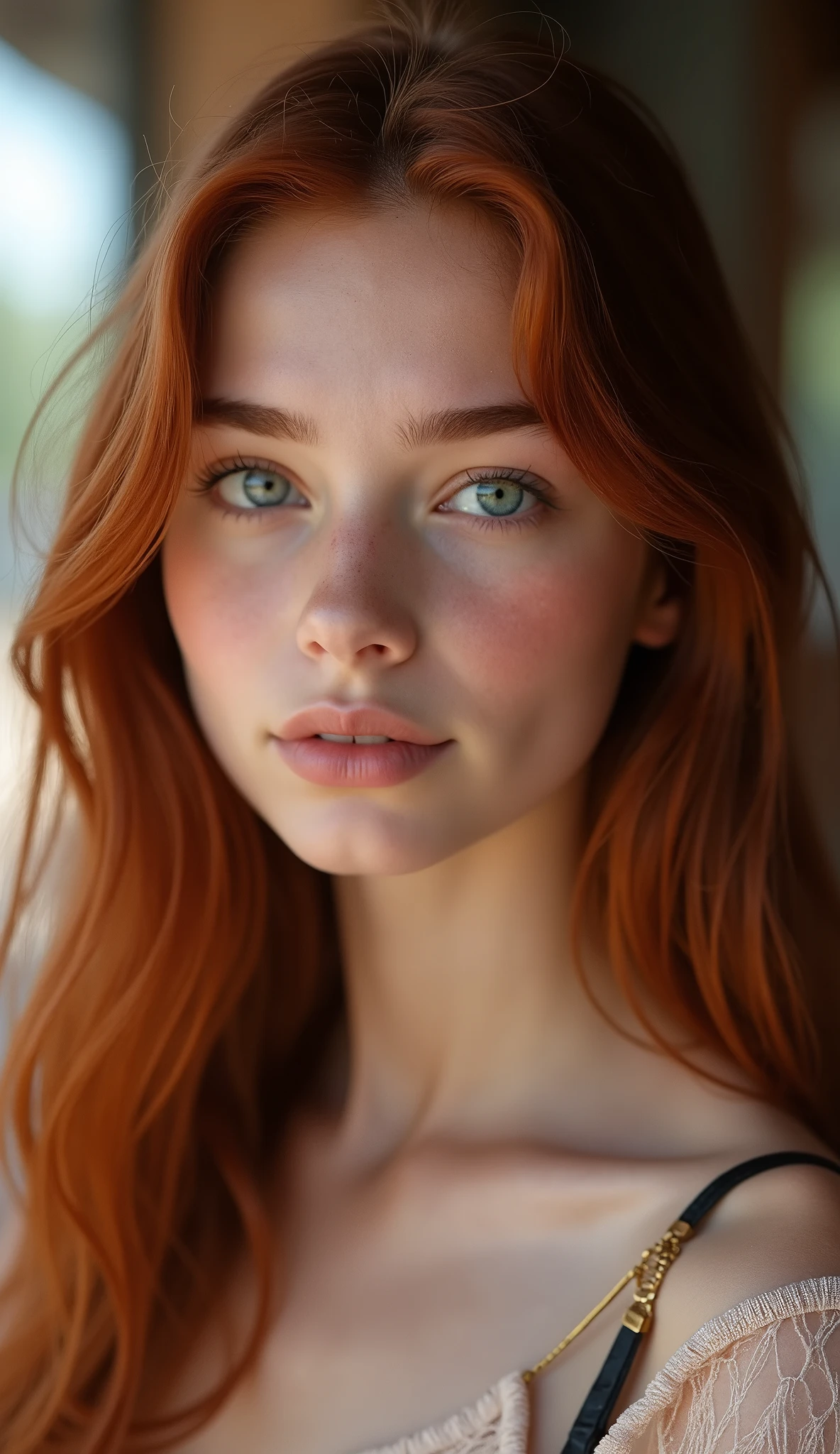 Girl ((15 years)) ((Whole body)), long dark red hair, (parts:1.0), clear skin, light gray eyes, Nikon Z 50 Full Angle Shooting