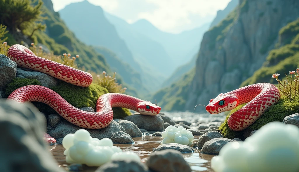There are many white jade ores on the mountain.，There are also many pit vipers with red and white rings and spikes on their noses.（best quality，4K，8k，High level，masterpiece：1.2），Ultra Detailed，（lifelike，Photo real，Photo real：1.37）