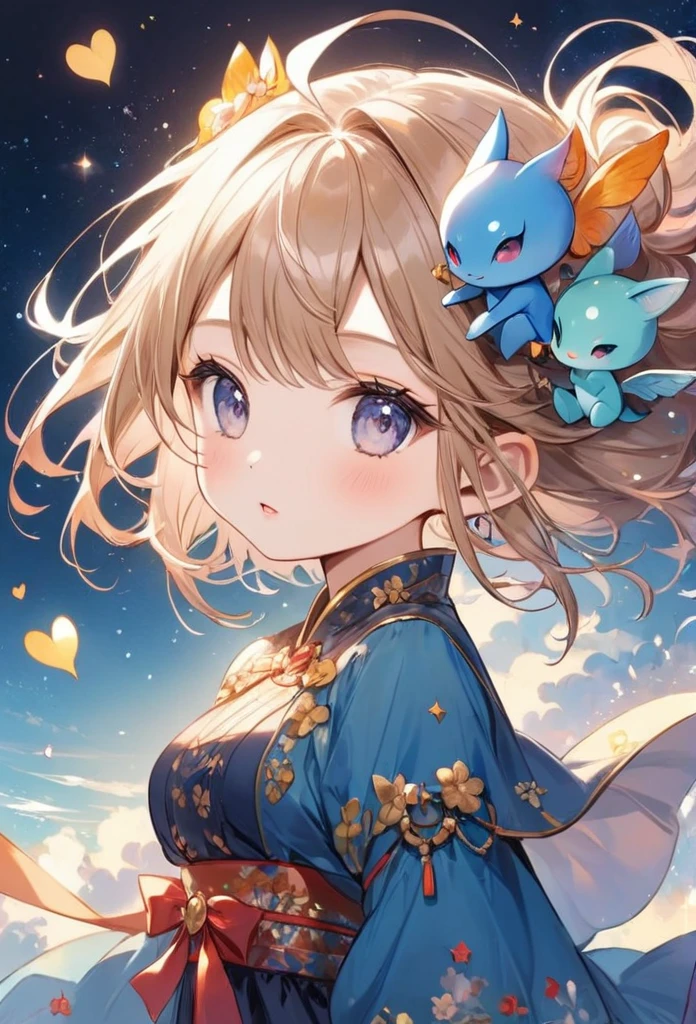 Mika Pikazo colorfull style, Simple Line Initialism,Abstract art,(((The most beautiful girl of all time))), (((chibi))), Sweet face. colorful hearts, funny design, (((bosom buddy ))), (((Cute Aliens))), The background is space