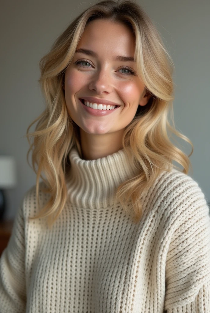 Portrait of a blonde haired model woman wearing a warm designer sweater, In brand clothing style, Nipples in full view, Panasonic GH5, Happy expression, A modest image, Sharp Texture - Image #2 @Slenslen