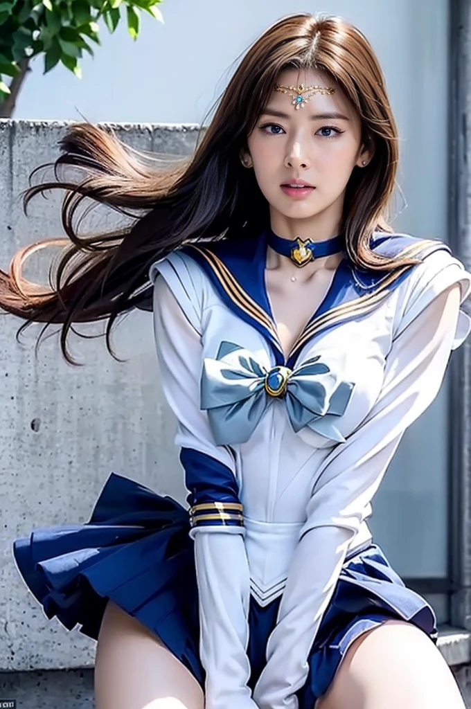 Ultra-realistic depictions,ultra-fine photos,, Best quality, Ultra high definition, Natural light, Full body portrait,( Amazingly beautiful style),((Chestnut hair and semi-long hair that sits in the wind))), Dynamic poses, Detailed beauty face, Brilliant eyes, Front view, (((Sailor Moon costume))), enamel boots, big and full breasts, off shoulder, model body shape, shiny, long sleeve, looking at camera, choker, red mini skirt, Weekly magazine cover, gravure magazine, sweaty, from right in front, Seduce, Urban street, (Beautiful body in detail),((Big)),High detail skin, Realistic skin details, visible pores, sharp focus, 8K UHD, digital, high quality, fair skin, view from below