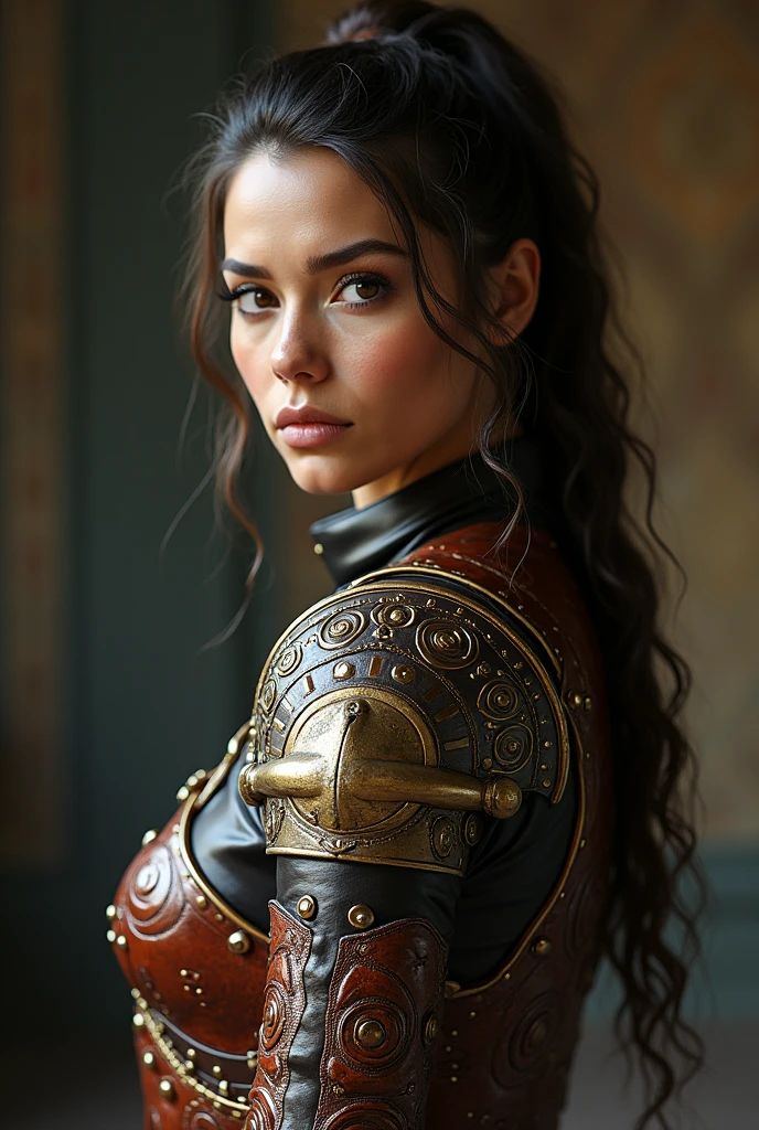 beautiful warrior woman wearing leather upper body armor with insanely detailed and intricate with hypermaximalist embossed pattern, elegant, super detailed, cinematic light, fantasy, modelshoot style, head to knee viewframe