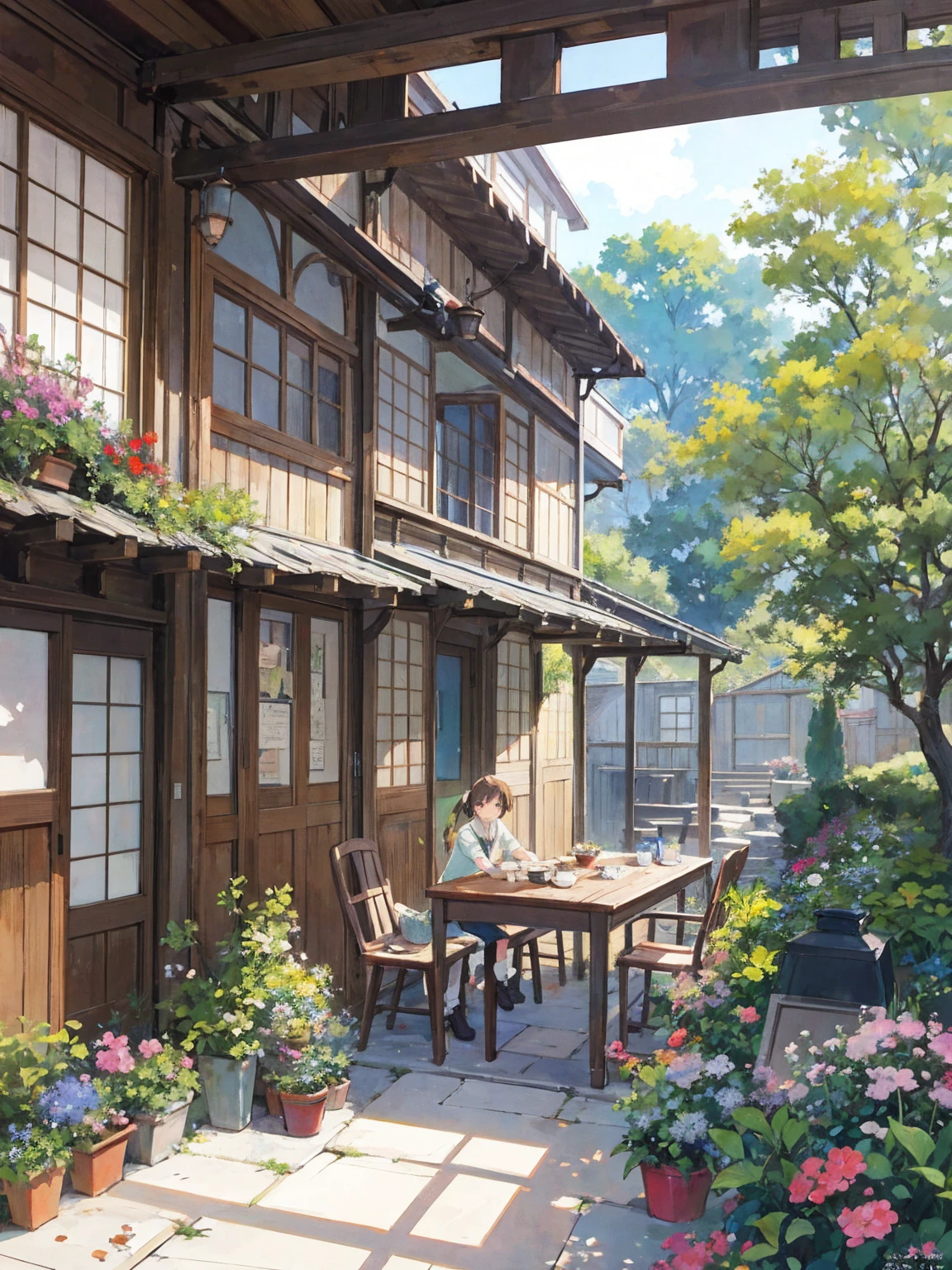 masterpiece, Ultra-clear images, Attention to detail, 8k, Country hut, Painting of a courtyard with a table, chairs and potted plants, Studio Ghibli style, Ghibli Studio Environment, Anime Background Art, Studio Ghibli aesthetics, studio ghibli artstyle, ghibli studio art, Studio Ghibli's smooth concept art, studio ghibli artstyle, Studio Ghibli Nikko, Beautiful anime scene, Relaxing concept art, Studio Ghibli painting style, Ghibli Studio Anime Style