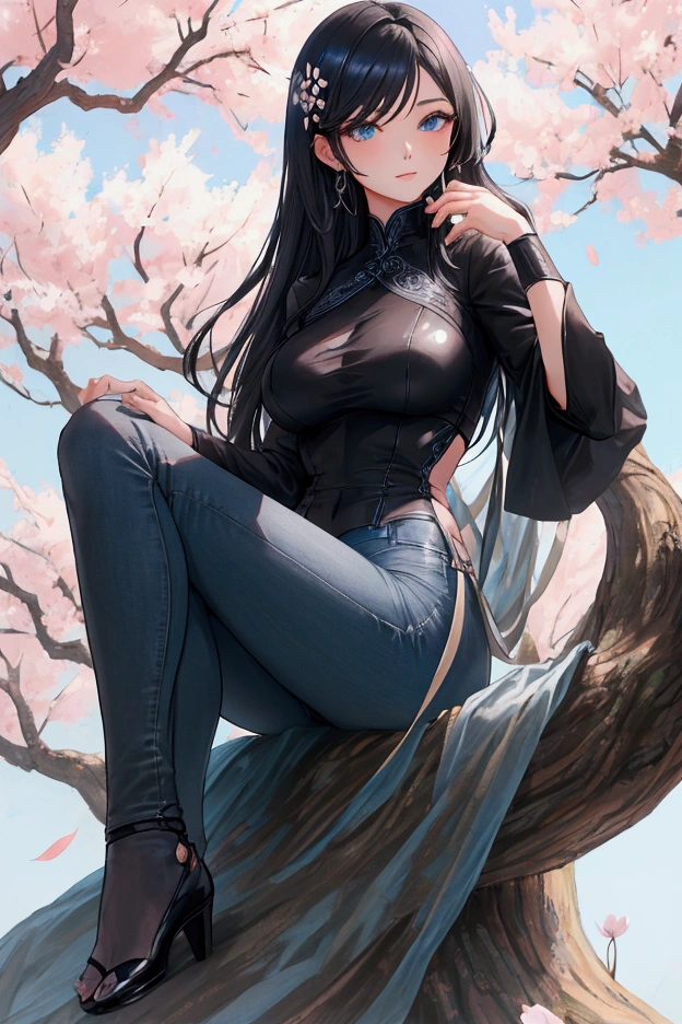 A woman with long black hair sitting cross-legged, meditating with her eyes closed, looking serene and focused. She has a beautiful face, is in a relaxed, peaceful pose, and the background is black.