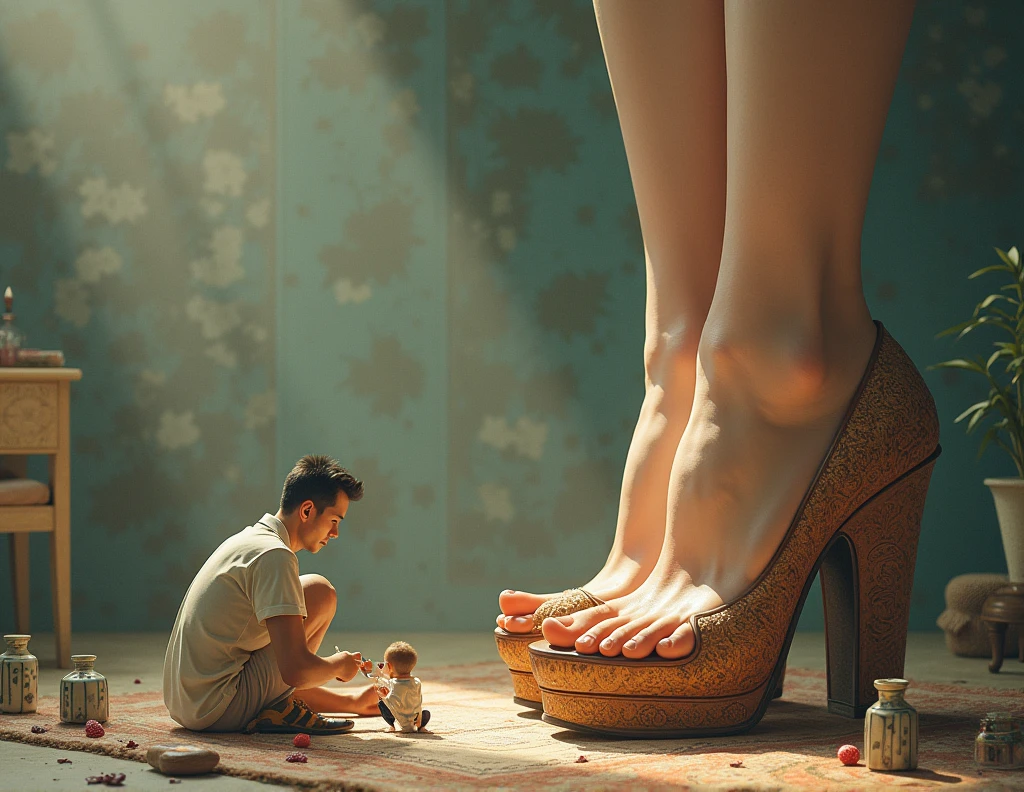 a tiny man paints a giant woman's toenails, she is barefoot and the woman's shoes, - high heel clogs, also huge, are lying beside your feet.