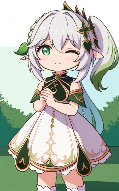  fullcg,Best quality,highest quality, 8k,Soft lighting, Confused, Looking at the audience, alone, smile, Knee socks,Nahida Genshin Impact | Character Lora 1283,((low length:1.5)),((chibi:1.5)),((little child girl)),1girl,difficult,cowboy shot,Beautiful cityscape,(standing:1.6),(Front facing:1.5),(((pretty made costume))),((making a heart with fingers)),(((wink))),