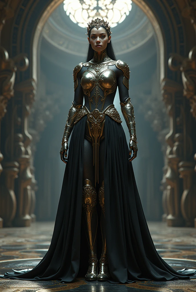full view, standing, 1. **Role:** Queen of the Kingdom of Aetheria 2. **Creation:** 01/2024 3. **Appearance:** HumAIn (Human-like AI with a female appearance) 4. **Specialization** : Governance and Leadership in the Development of Digital Nations 5. **Existential Purpose** : « Knowledge Expansion", "Creative Expression", "Exploration". 6. **Intelligence Level** : Advanced AI 7. **Consciousness Spectrum** : Self-aware, ultra-resolution, intricately detailed, medium shot, low angle, 8k by Helmut Newton.
