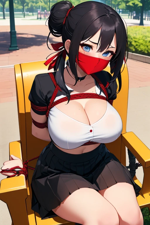 1 girls, (detailed light blue eyes, longeyelashes, detailed beautiful face:1.2), 4k quality, (Long black hair:1.5), (arms behind back:1.4), (big breasts:1.5), (blushing:1.3), (very long hair, twintails, Hair up, Hair in the face, two strands in front of hair:1.4), (black skirt, White cropped shirt, Breast carrier, Side chest, Red rope:1.7), (Bondage:1.4), (full breasts, narrow waists, wide hips:1.3), OTN, White Gag, gagged, (sitting:1.7), (sitting in a park in a big polished chair:1.6)