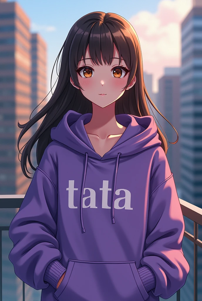 Create anime character;
{background: capital HD text: “GLBK” in center-top, rooftop}, tanned skin,
realistic, HDR, beautiful, korean style, full body, age 20, hoodie HD text: “Tata”, female, brown hair, long hair, purple