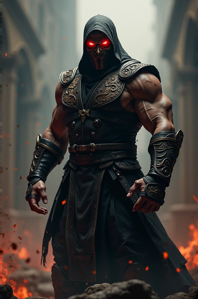 Mortal combat character with a mask and red glowing eyes in 4k quality