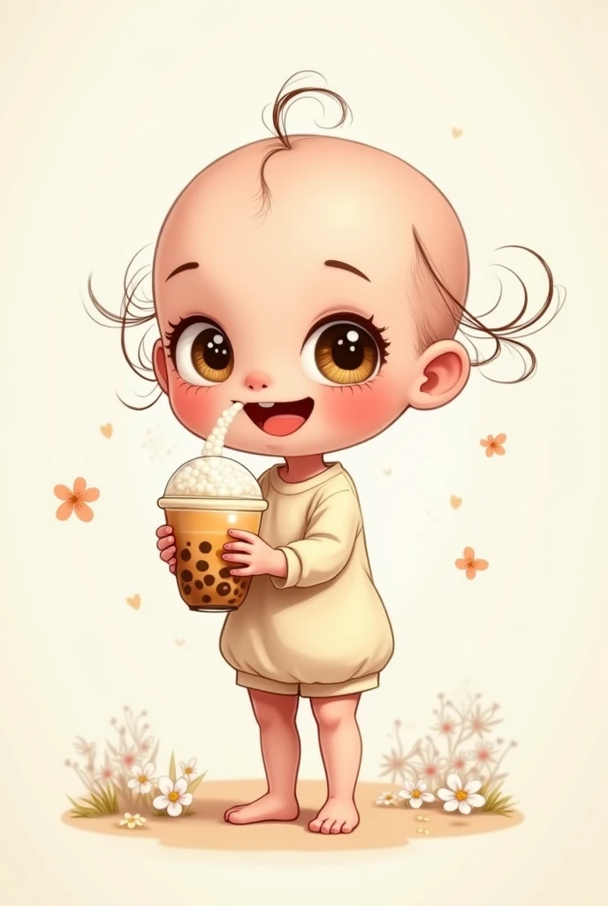 A cute cartoon of a bald girl with loose hair and holding a glass of pearl milk tea in a milk tea-colored outfit.