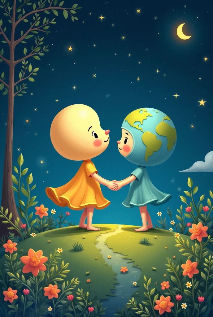 The Moon and the Earth holding hands in a cute, friendly manner. They are surrounded by flowers, trees, and happy animals on the Earth’s surface. The sky is filled with shining stars.