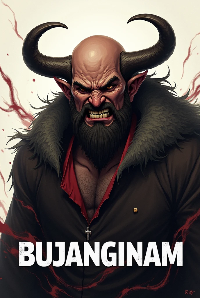 Baldman with brown skin have horn , with angry face title in the middle "Bujanginam"