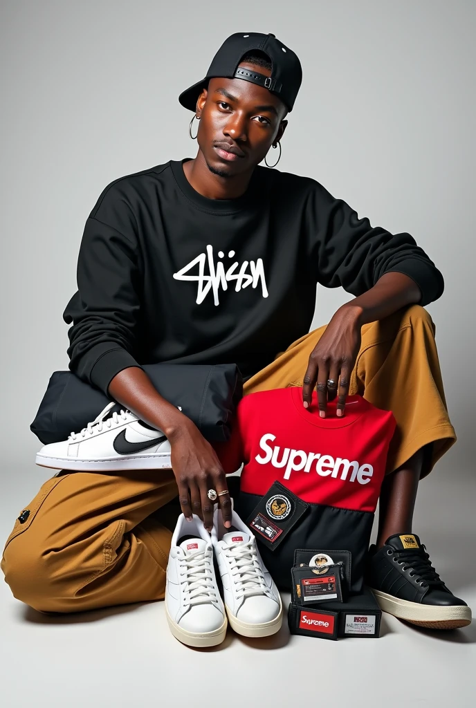 Cree moi une storie pour mon compte Instagram,who announced the arrival of three Stussy T-shirts, also a supreme sweater, deux portefeuille stussy, un cargo Carhartt, une paire de campus , and a supreme cap