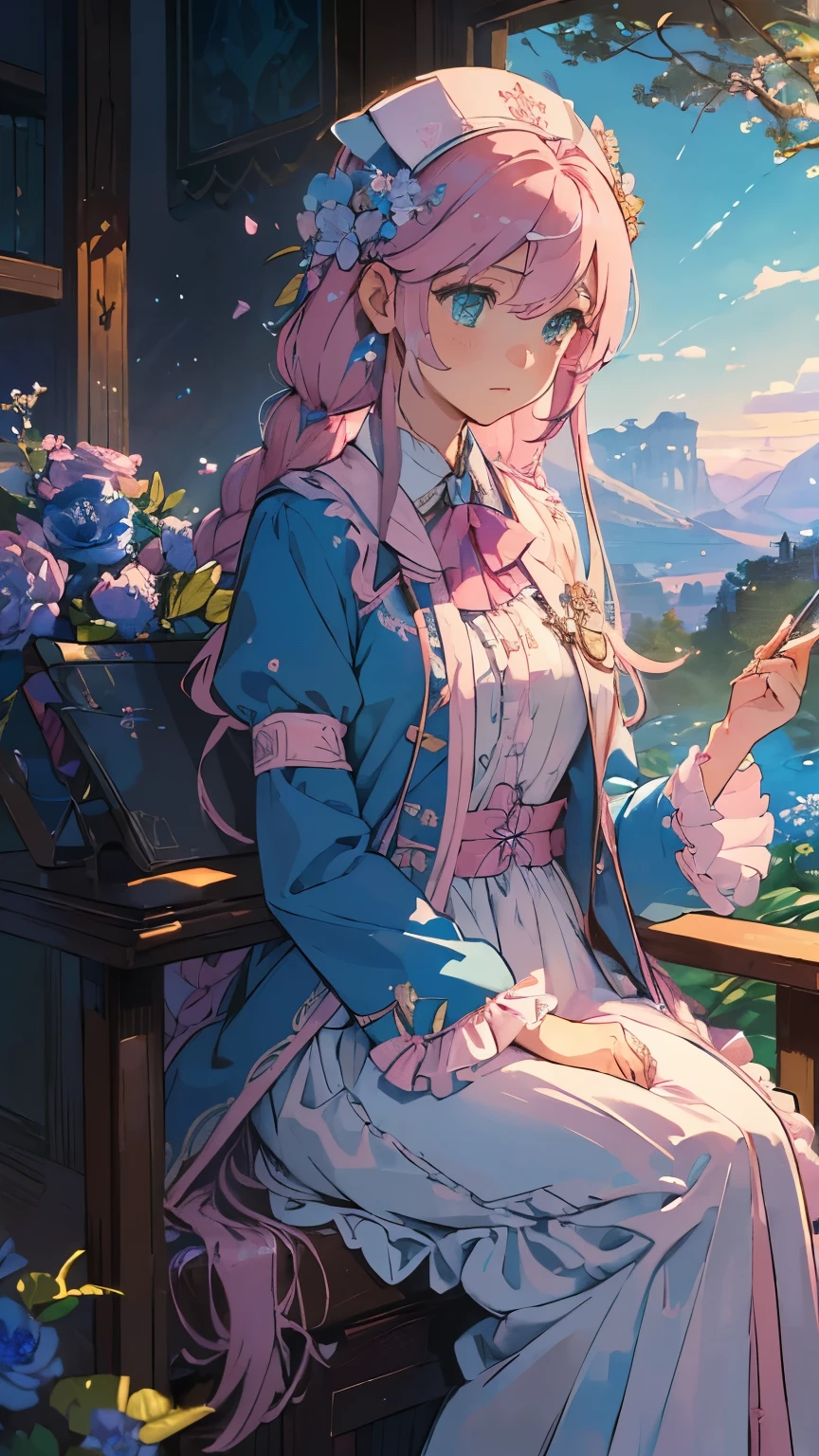 ((highest quallity)),(ultra-high resolution),(super verbose),(Detailed Description),((The best CG)),(work of art),high detailed art,(Fantasy art with intricate details: This is a masterpiece long pink haired woman with long healer and nurse doctor stylized blue and pink 20s coat, long full of frills and bows, with stethoscope on the neck, very long pink hair with detailing on the strands and a small braid on the head with a pastel blue ornament of stones and blue flowers,