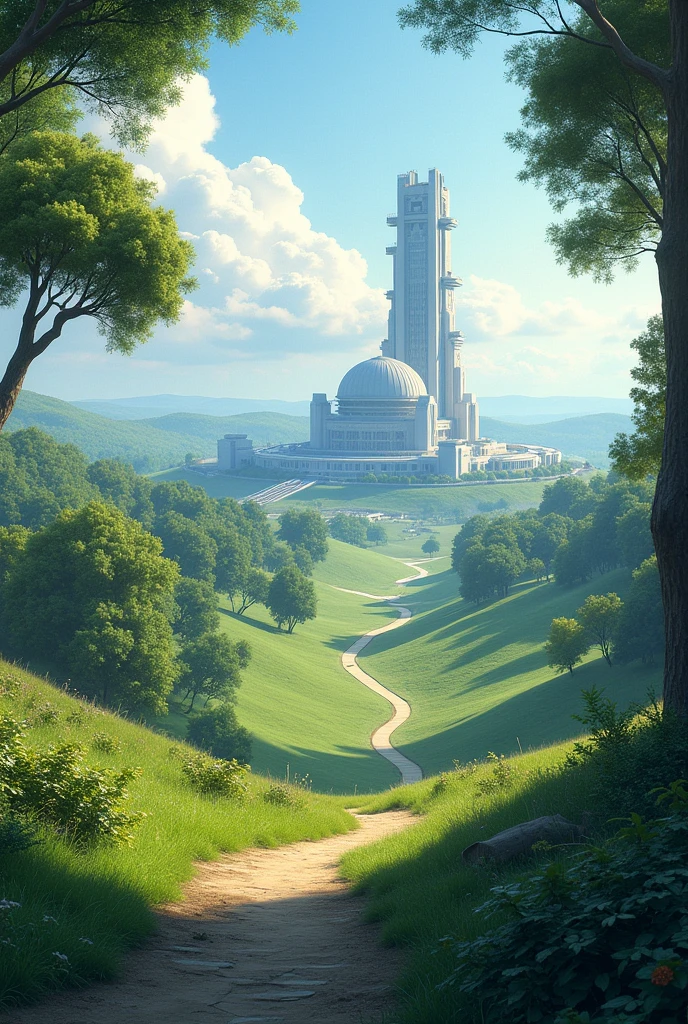 an outdoor park, with an astronomical observatory in the background