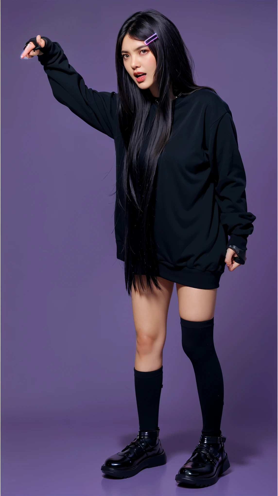 The image shows a woman with long black hair wearing a black hoodie and matching black accessories, standing against a solid purple background. Her expression is one of intense anger or frustration. She is pointing aggressively to her left (the viewer's right), with her mouth slightly open as if she is shouting or arguing. Her posture is assertive and confrontational, with her left hand clenched in a fist, further emphasizing her strong emotions. The black attire and her pointed gesture contribute to the overall impression of a heated, possibly accusatory, confrontation. he purple background complements the costume, creating a vibrant and engaging scene. (glossy plastic texture with multiple big light probe refractions), perfect cgi, smooth silhouette, high intensity refraction, (super glossy plastic material), most beautiful vfx, , realistic, 4k, high resolution, rim light, smooth 3d model, multiple light sources, rim light, sharp post effects render,, realistic, 4k, high resolution, rim light detailed digital art, reflective, best quality, 4k, masterpiece:1.2, ultra-detailed, realistic, vivid colors, The image of the highest quality, ensuring every detail showcased perfectly. It in 4k resolution, allowing viewers to immerse themselves in the richness of the colors and intricate details. The realistic rendering. under the spotlight, reflecting, high-resolution image, realistic rendering