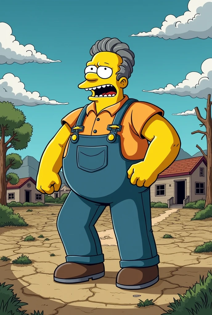 a simpsons style image of groundskeeper willi in the simpsons looking angry and shocked as he looks out over his farm that has dried up in the heat and everything has died