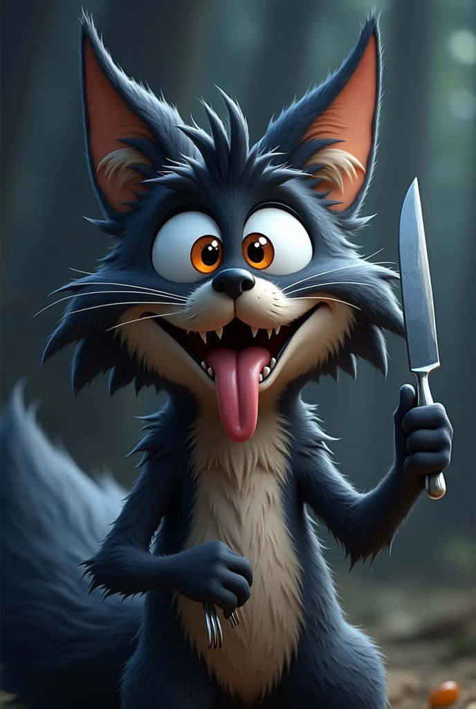 A whimsical, cartoonish black fox with large, expressive orange eyes, and exaggerated facial features stands with a mischievous, wide-eyed grin, holding a fork in one hand and a knife in other hand and matching the exact expression as the reference image:1.5. The fox's fur is dark black with tufts of fur adding texture and character. Its mouth is open wide with a comically large tongue sticking out, adding to its playful and mischievous appearance. The overall style is highly detailed with a touch of (hand-painted quality:1.4), focusing on exaggerated expressions:1.3, vibrant colors, and a humorous, light-hearted mood. The background is a softly blurred, dark-toned forest with hints of light filtering through the trees, adding to the magical and whimsical atmosphere.
